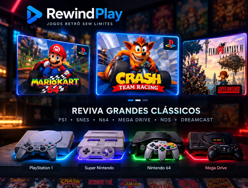 RewindPlay: jogos retrô, PlayStation, Super Nintendo, Nintendo 64 e Mega Drive